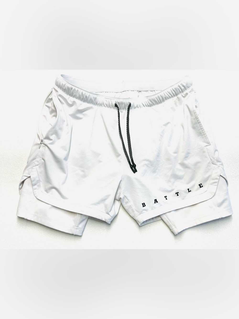 Battle Men’s 2-in-1 Running Shorts White Compression Liner Zip Pocket A/M